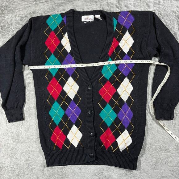 Vintage 90s Argyle Cardigan Womens L Black Cotton Eclectic Grandpa Ugly Sweater - Picture 8 of 9